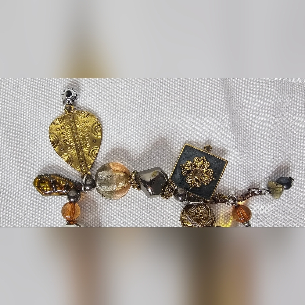 Vintage Treska Beaded Charm Stretch Bracelet -Mixed Metals & Amber Accents Boho - Picture 4 of 7